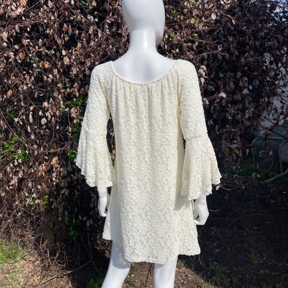 2B Together Cream Lace Overlay Mini Bell Sleeve A-Line Dress - Picture 6 of 9